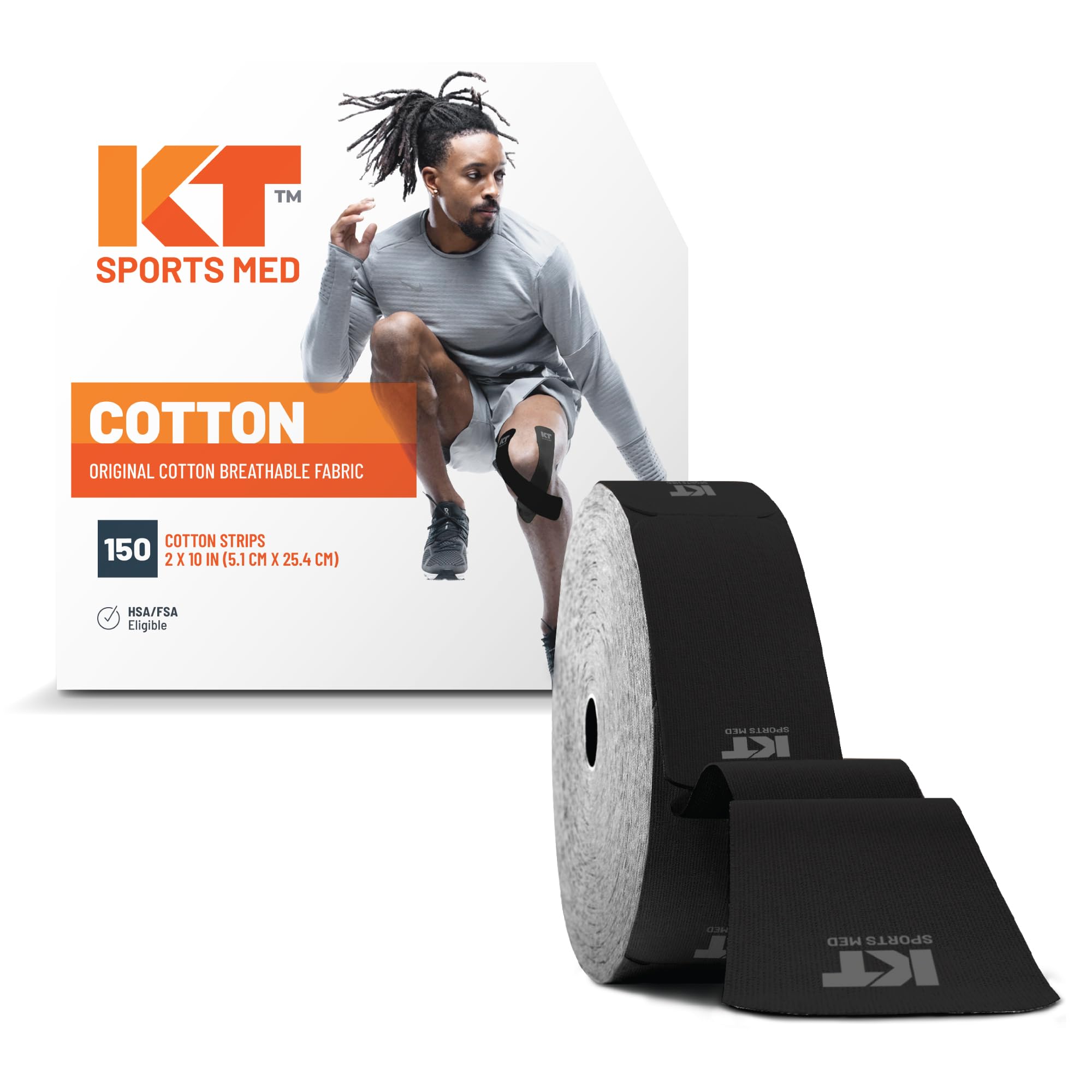 KT Tape envase frontal negro mostrando 150 tiras y beneficio de conveniencia