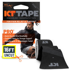 KT Tape Pro embalaje frontal mostrando rollo negro y longitud 16' con soporte duradero