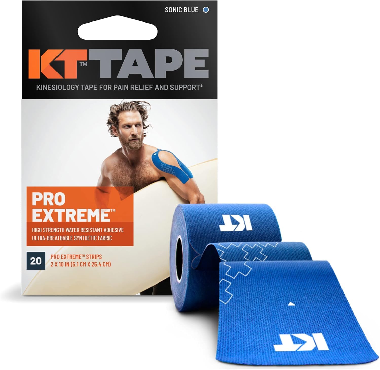 KT Tape Pro empaque frontal mostrando 20 tiras precortadas y beneficio soporte inmediato