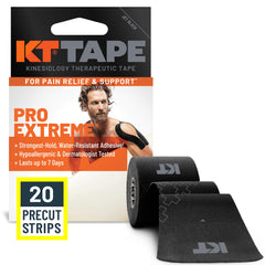 KT Tape envase frontal mostrando 20 tiras precortadas y beneficio de practicidad