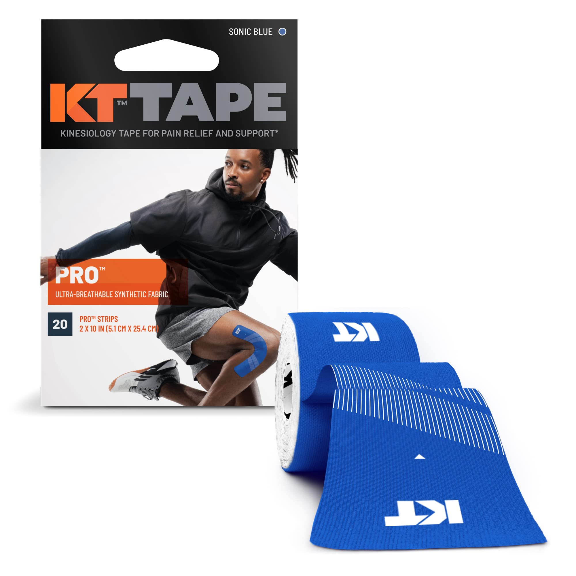KT Tape Pro frente del empaque mostrando 20 tiras Sonic Blue y beneficio de lista para usar