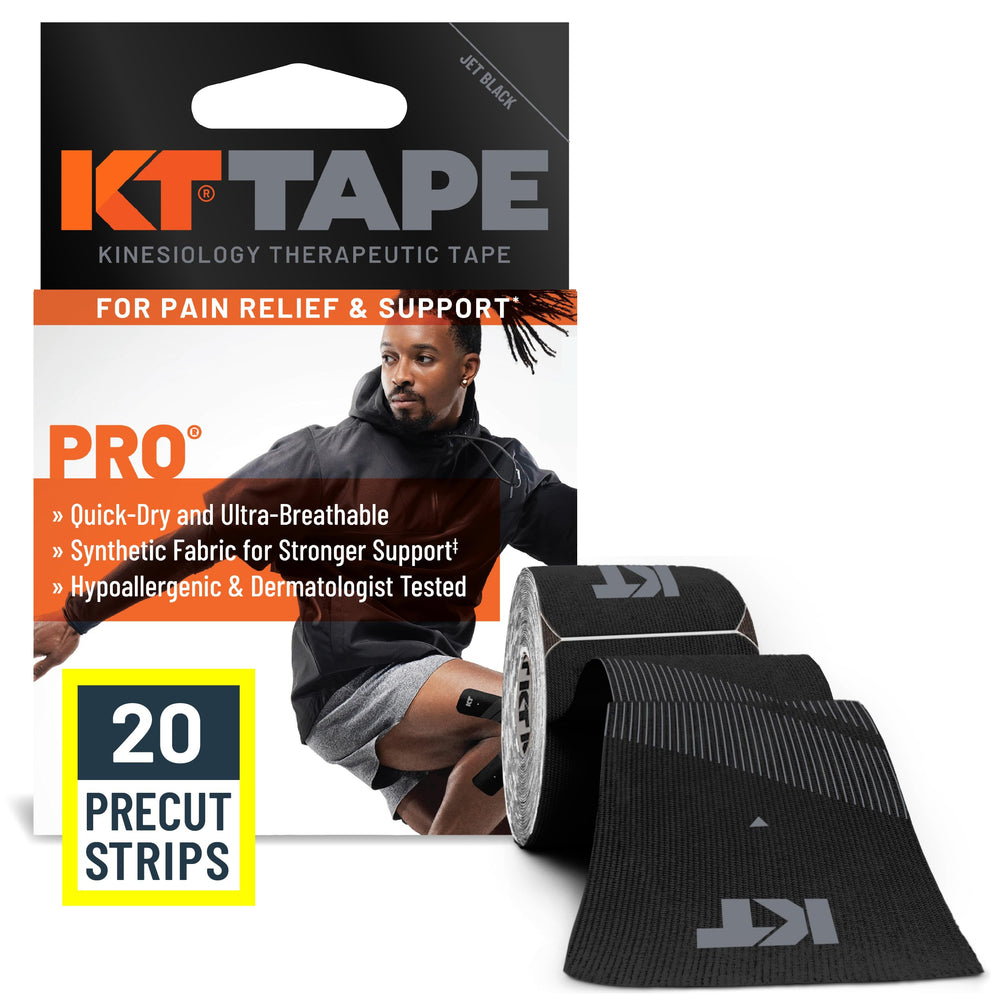 KT Tape Pro frontal del empaque mostrando 20 tiras, soporte duradero