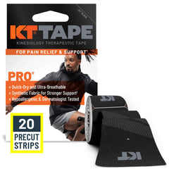 KT Tape Pro frontal del empaque mostrando 20 tiras, soporte duradero