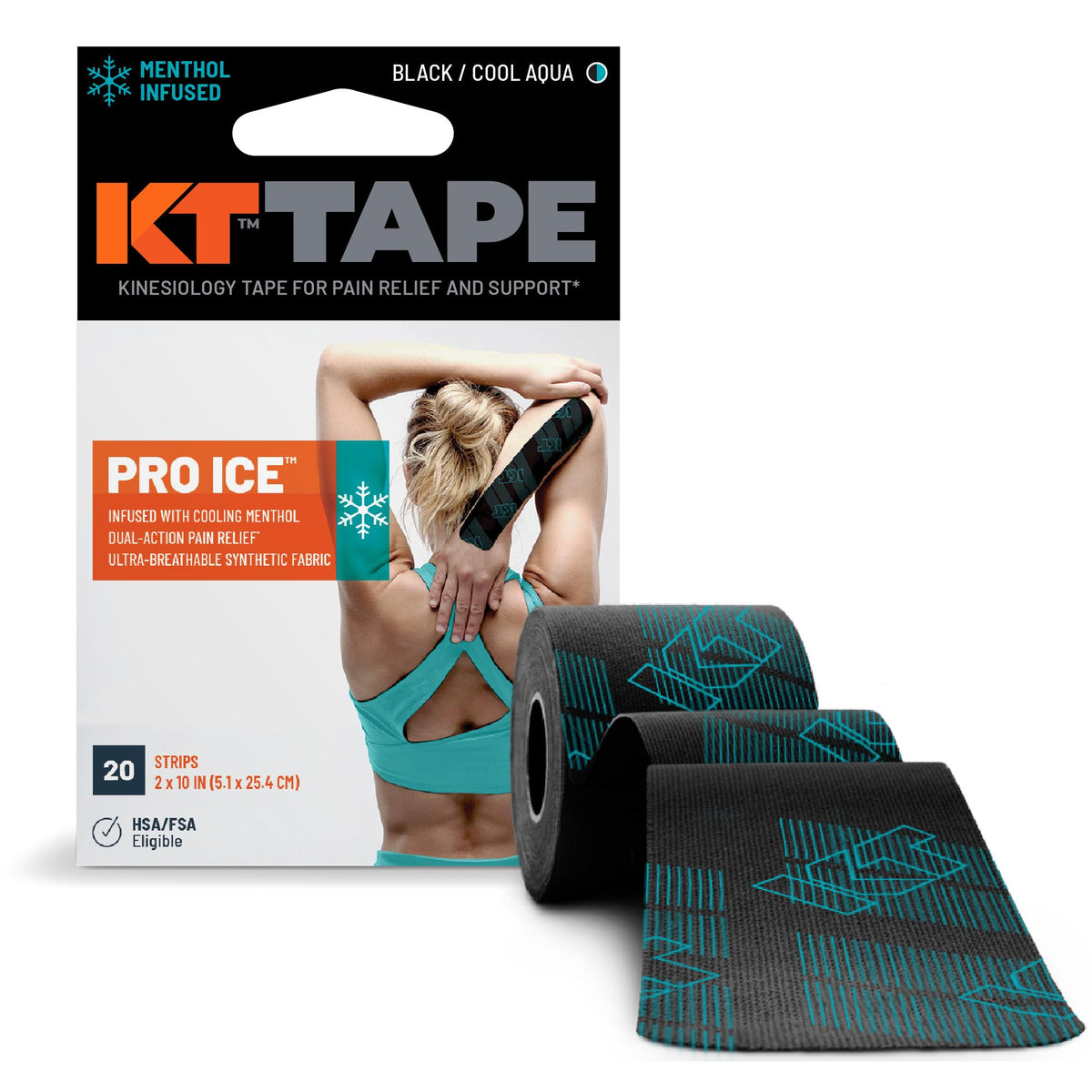 KT Tape Pro Ice empaque frontal mostrando tiras negras y conteo 20