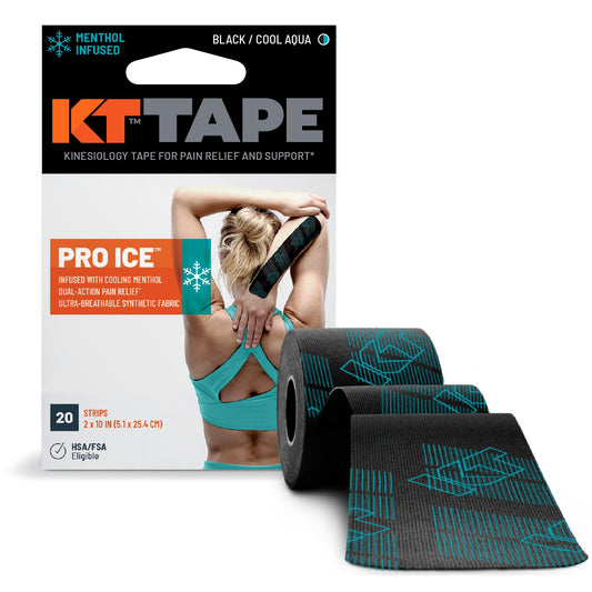 KT Tape Pro Ice empaque frontal mostrando tiras negras y conteo 20