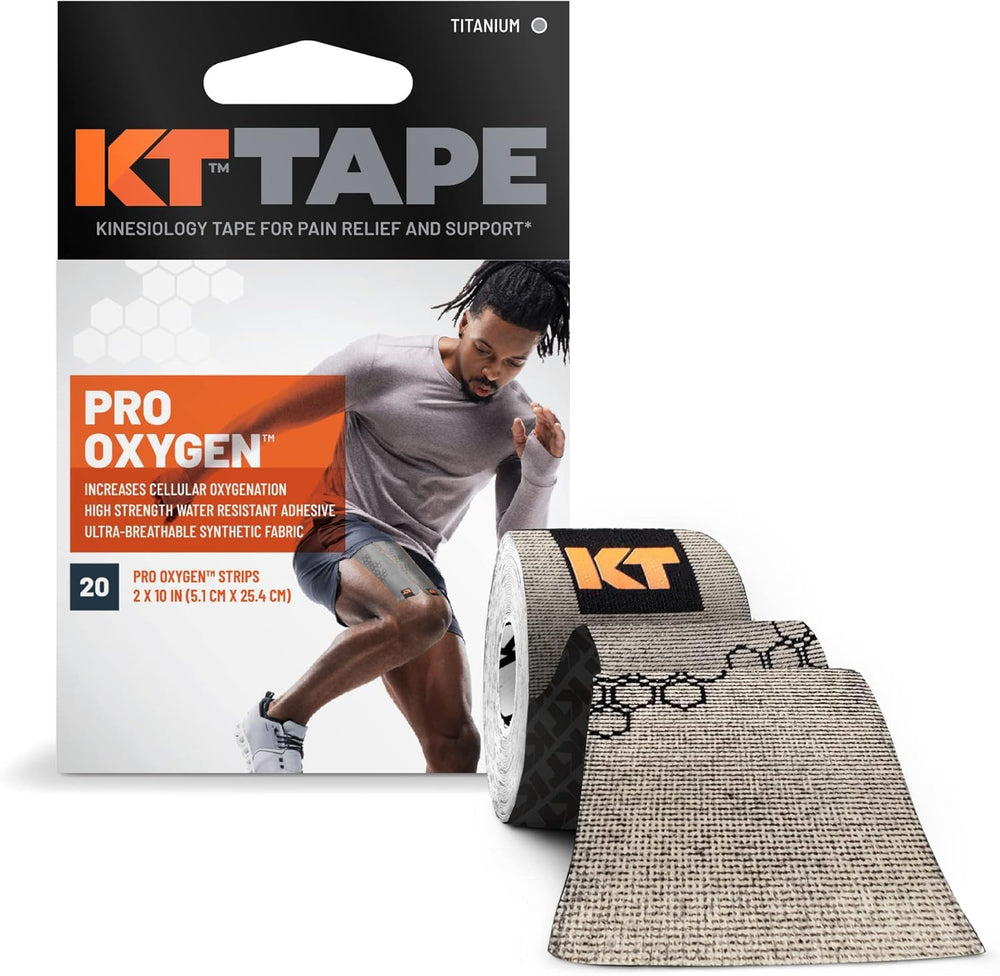 KT Tape Pro Oxygen empaque frontal mostrando tiras precortadas y beneficio conveniencia