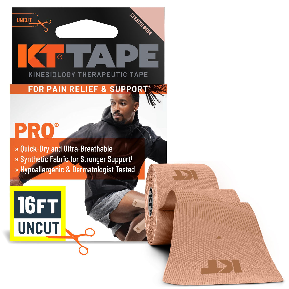 KT Tape Pro paquete frontal mostrando color stealth beige y soporte profesional
