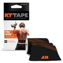 KT Tape pro wide empaque frontal mostrando 10 tiras, soporte amplio