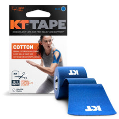 KT Tape rollo frontal en empaque azul mostrando longitud y color para versatilidad