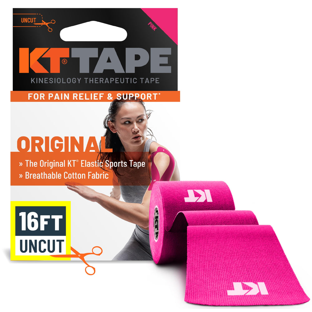 KT Tape rollo frontal rosa mostrando longitud y empaque, soporte personalizable