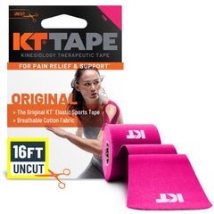 KT Tape rollo frontal rosa mostrando longitud y empaque, soporte personalizable