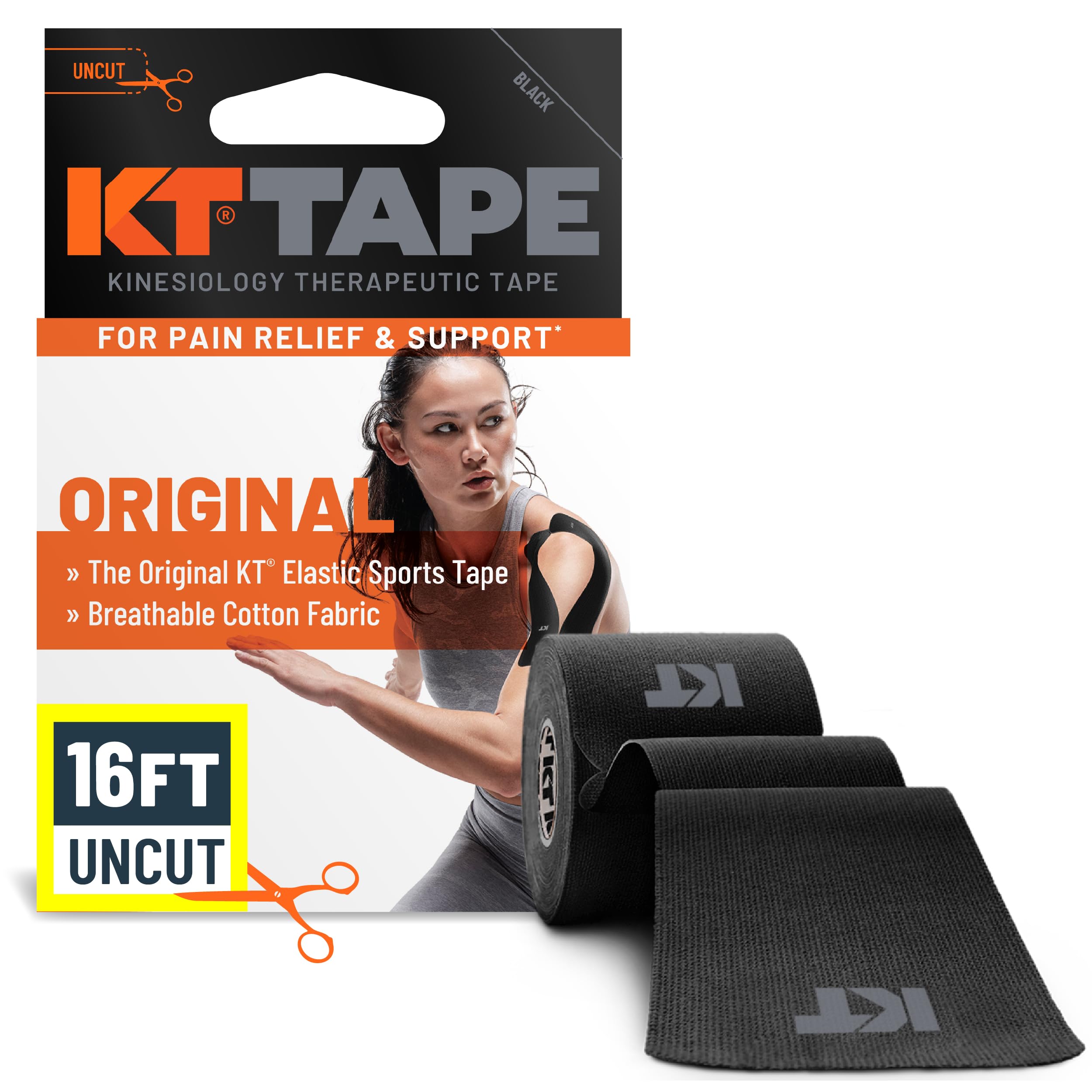 KT Tape rollo frontal negro mostrando longitud y adhesivo resistente