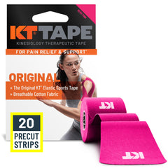 KT Tape empaque frontal rosado mostrando 20 tiras y beneficio práctico