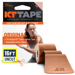 KT Tape rollo frontal mostrando longitud y color beige, soporte personalizable