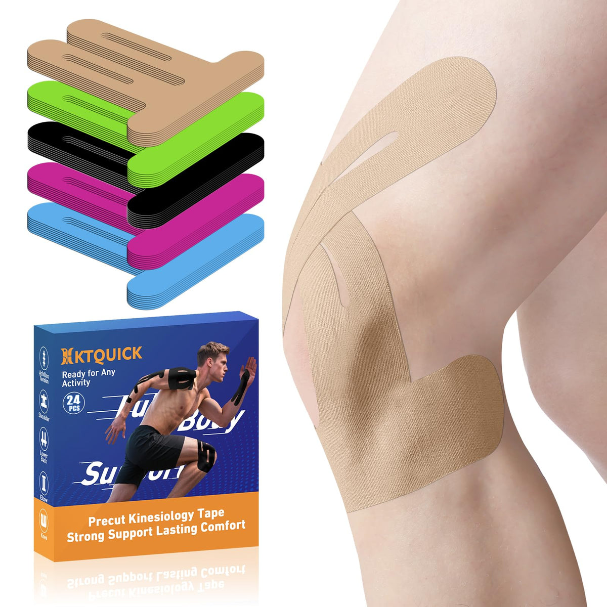 KTQUICK caja frontal mostrando 24 cintas precortadas y beneficio de uso inmediato