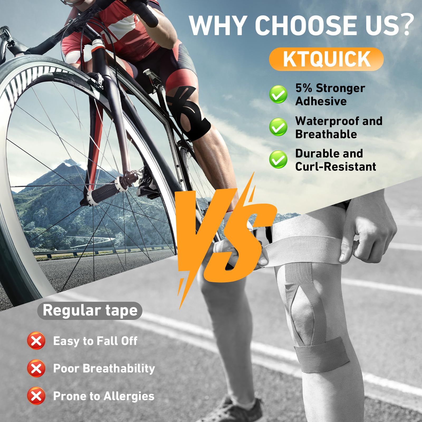 KTQUICK tape aplicado en rodilla de atleta, estabilidad durante ejercicio