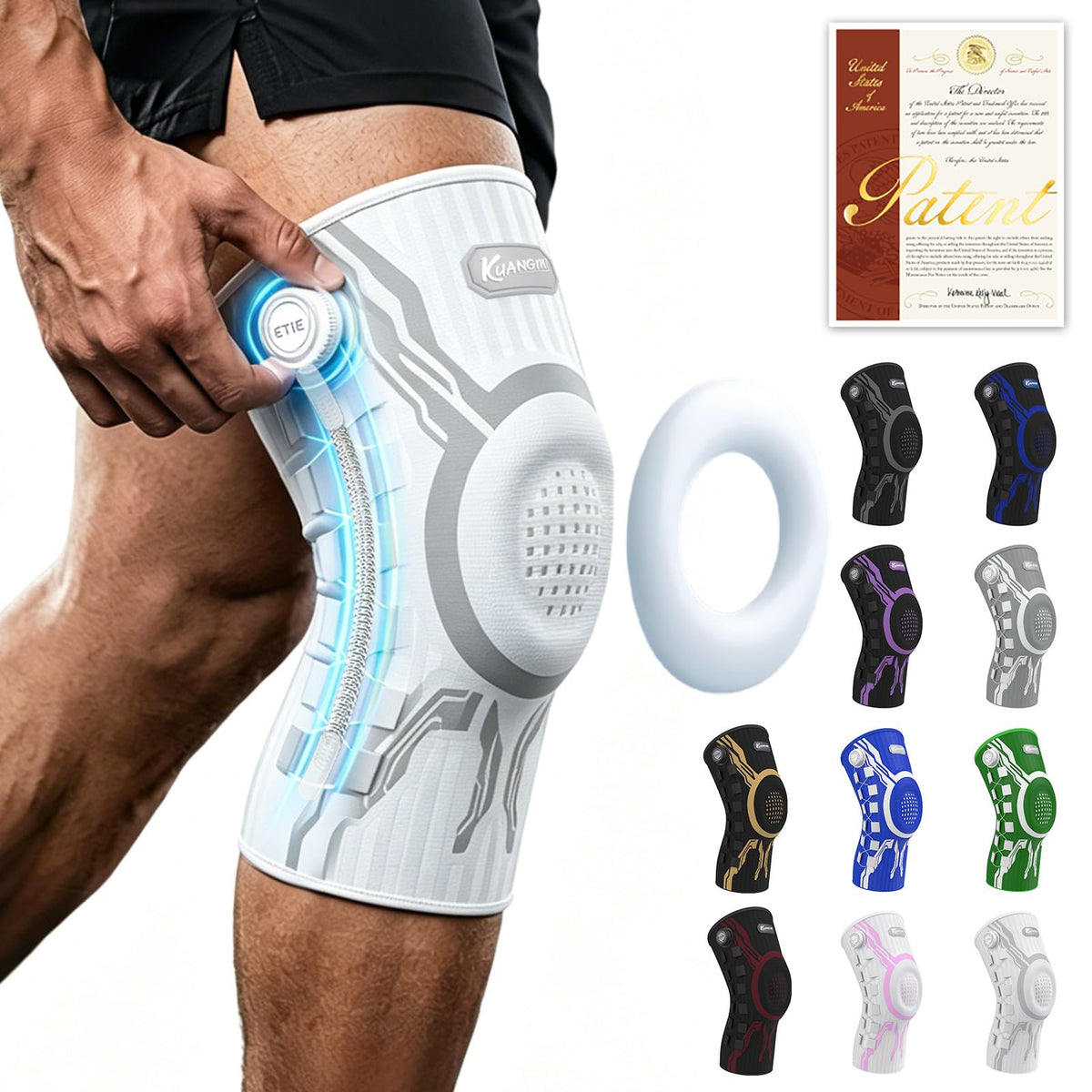 Kuangmi vista frontal del soporte de rodilla mostrando diseño y cierre knob para mejor sujeción