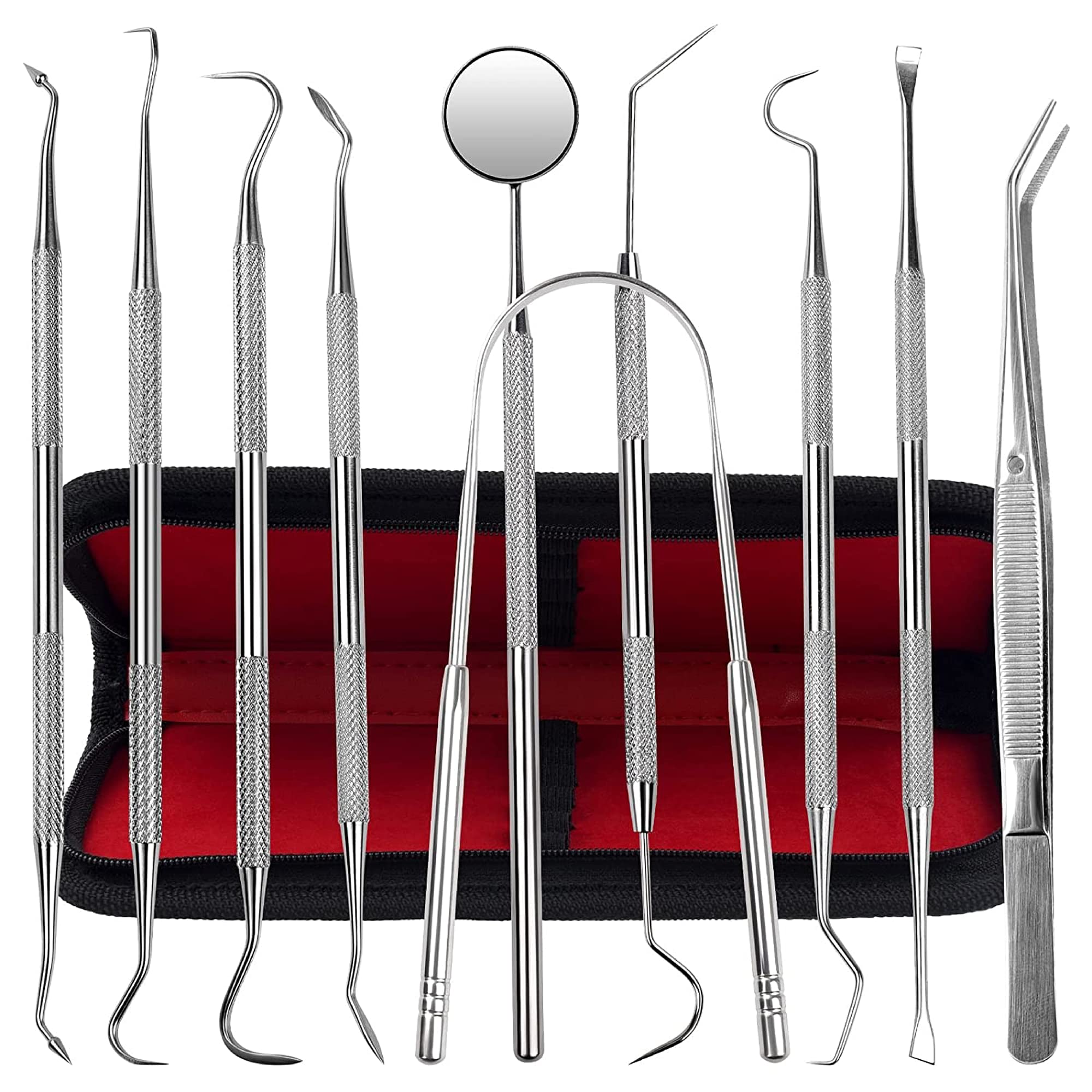KuanStore kit dental frontal mostrando las 10 herramientas y estuche, organización práctica