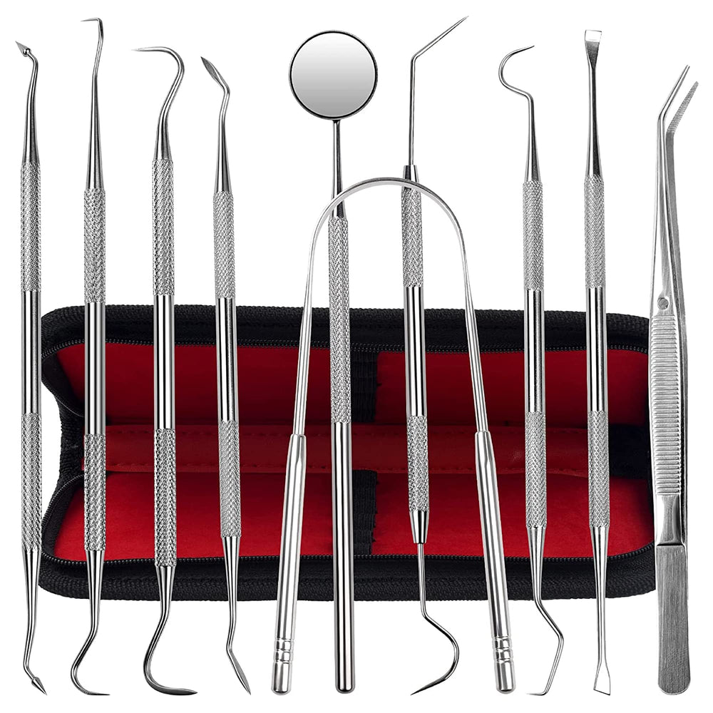 KuanStore kit dental frontal mostrando las 10 herramientas y estuche, organización práctica