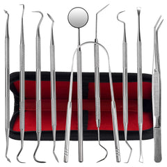KuanStore kit dental frontal mostrando las 10 herramientas y estuche, organización práctica