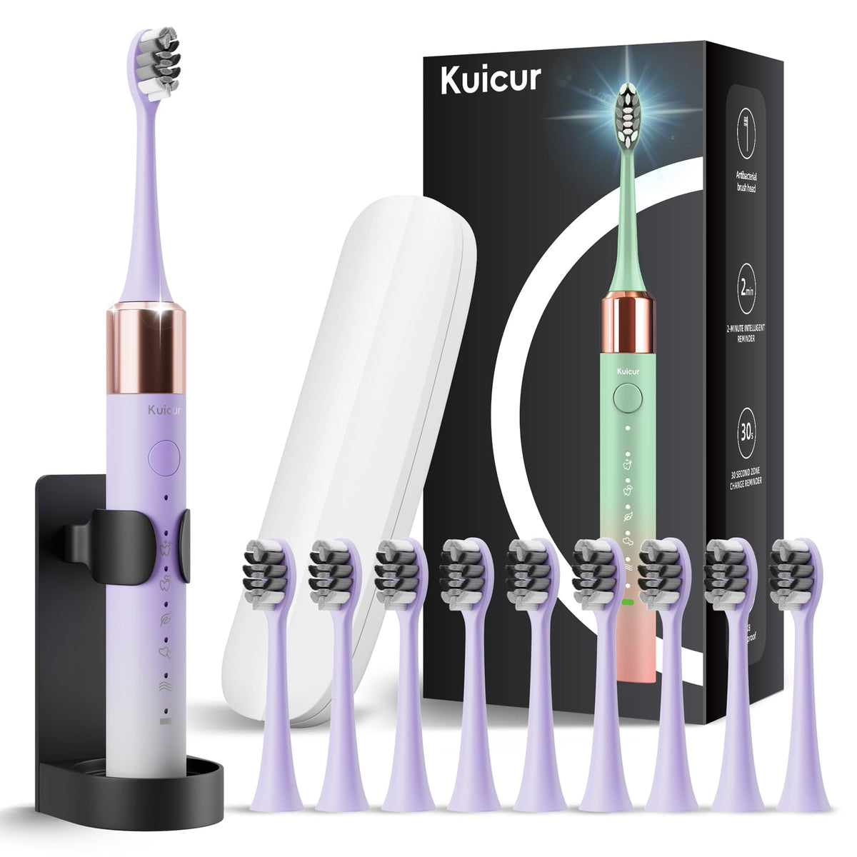 Kuicur vista frontal del cepillo morado mostrando ergonomía y facilidad de uso