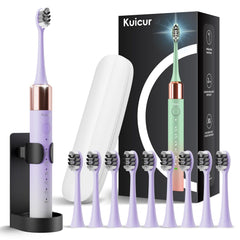 Kuicur vista frontal del cepillo morado mostrando ergonomía y facilidad de uso