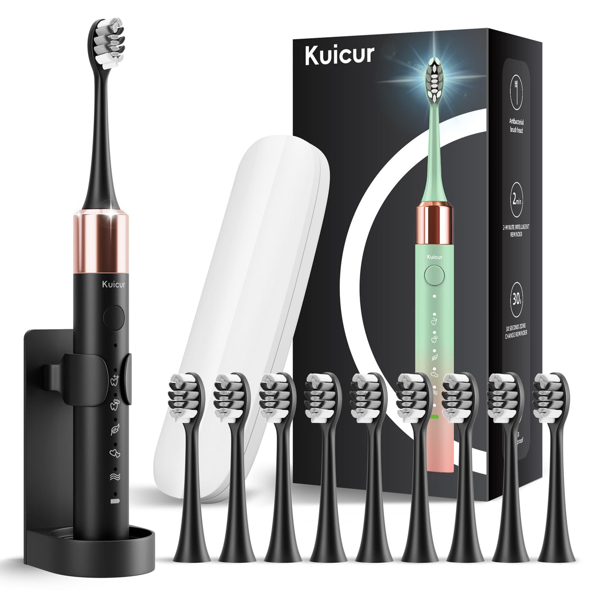 Kuicur vista frontal del cepillo negro muestra diseño ergonómico y potencia