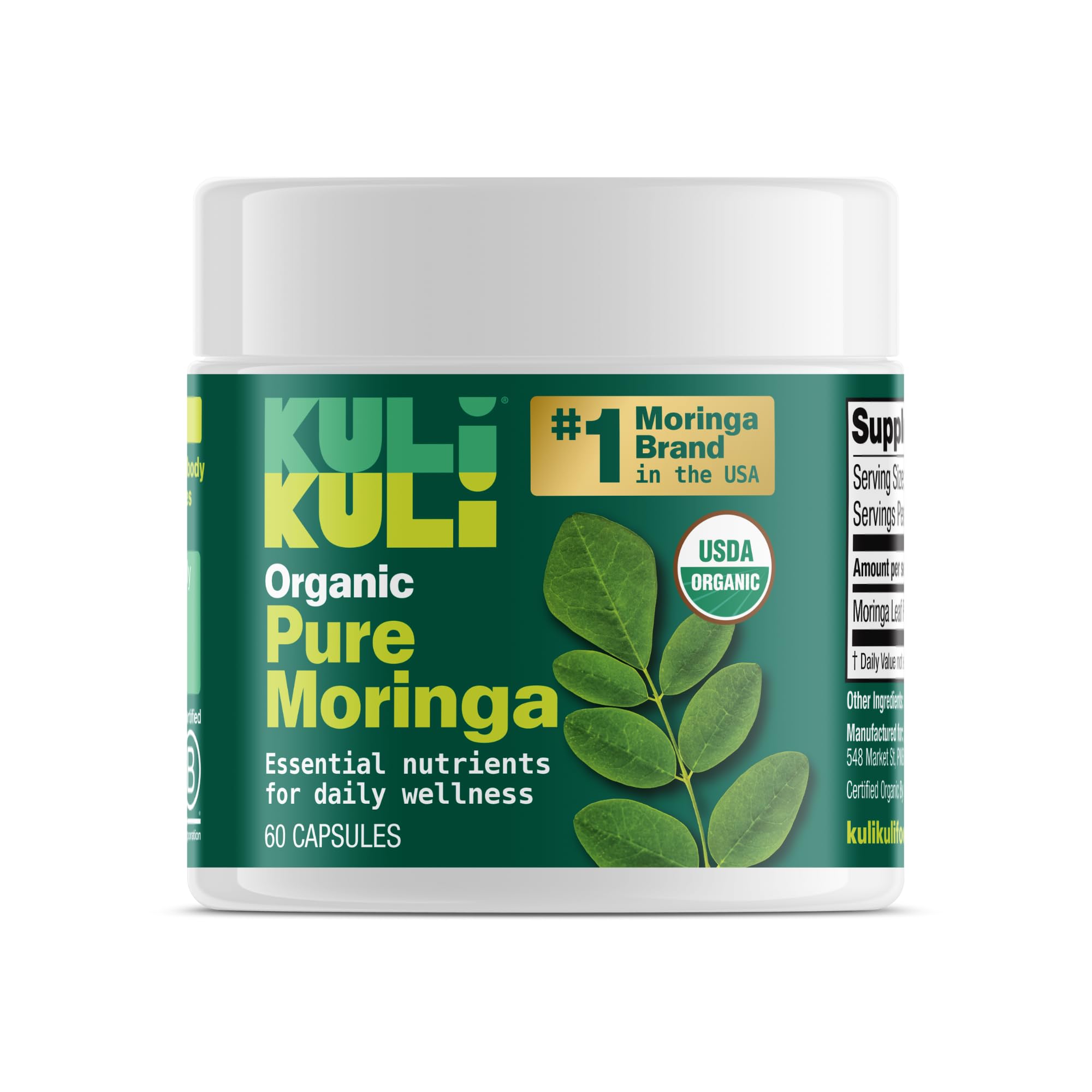 Kuli Kuli envase frontal mostrando 60 cápsulas, práctico y orgánico