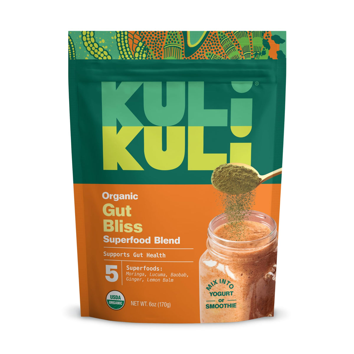 Kuli Kuli Gut Bliss powder tub promoting daily gut health and easy mixing.
