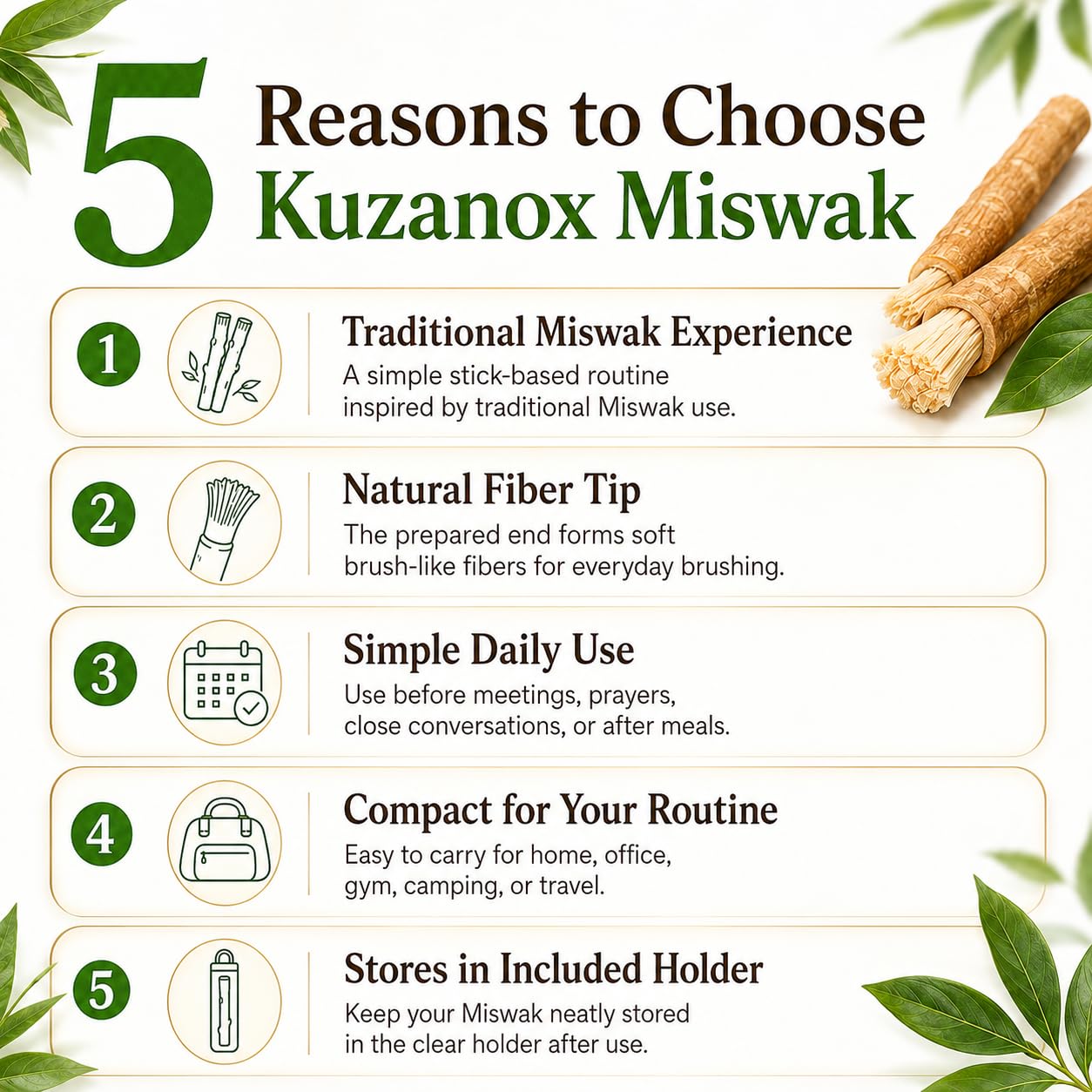KUZANOX miswak en entorno cotidiano mostrando portabilidad y frescura