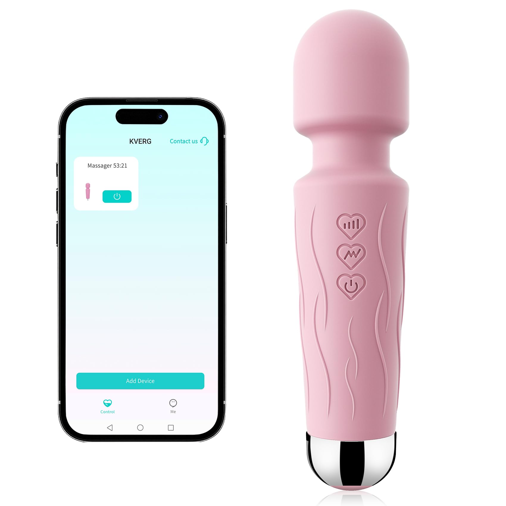 Kverg vista frontal del masajeador rosa con control y diseño ergonómico, comodidad inmediata