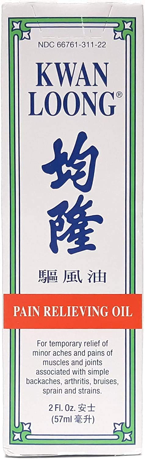 Kwan Loong botella frontal 2 oz mostrando diseño y tamaño portátil para alivio tópico