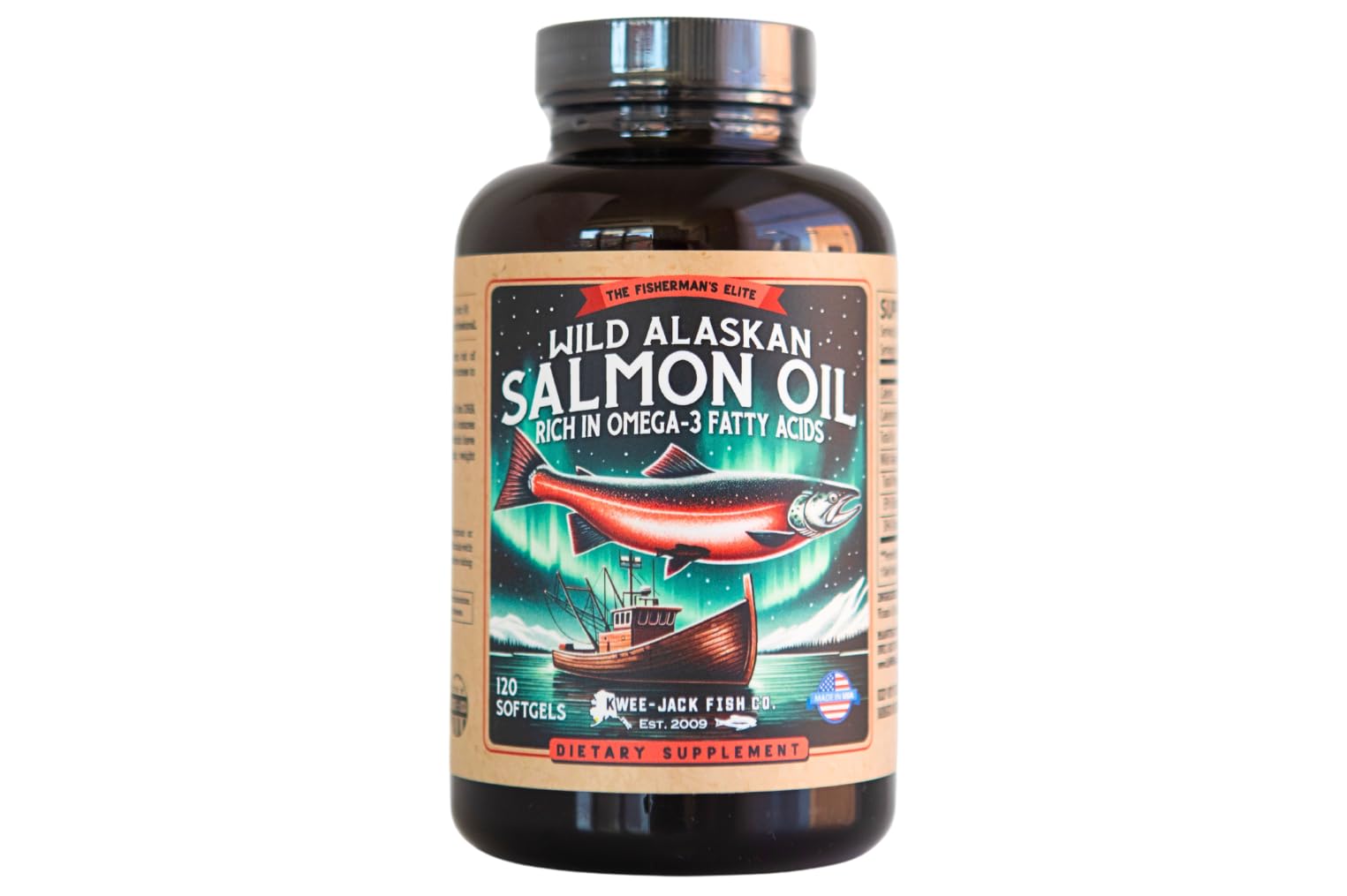 Kwee-Jack frasco frontal mostrando 120 softgels y etiqueta clara