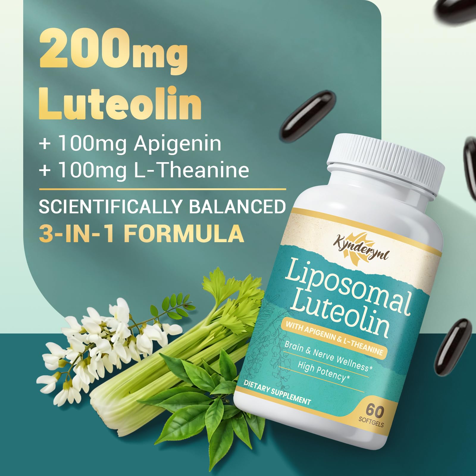 Kynderynl Liposomal Luteolin 200mg: cápsulas blandas con absorción mejorada.