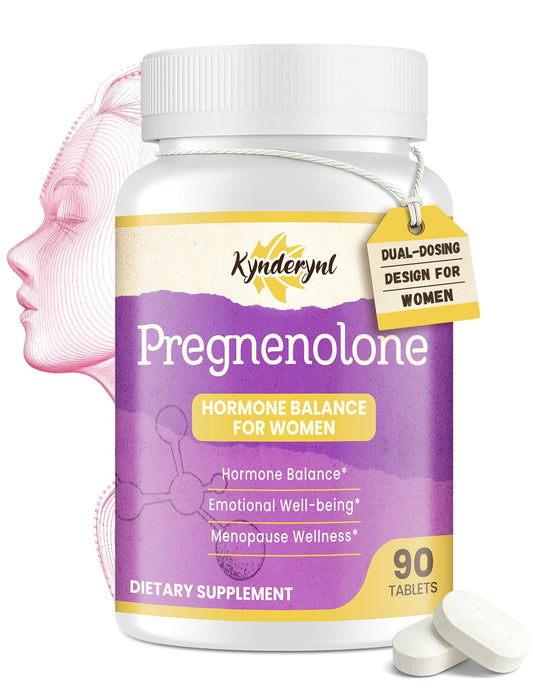 Kynderynl Pregnenolone bottle shows dual-dosing design for customizable daily support.
