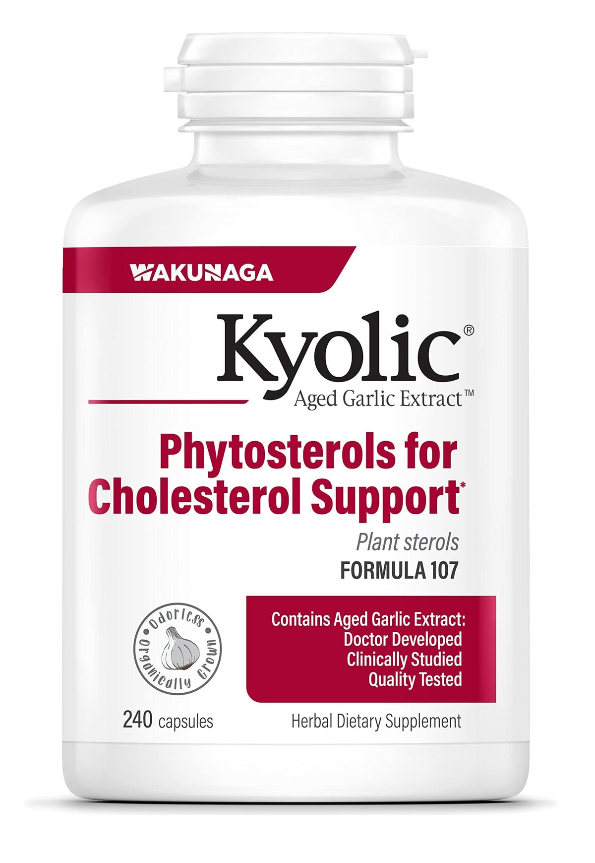 Kyolic Formula 107 frente del envase mostrando etiqueta y beneficios