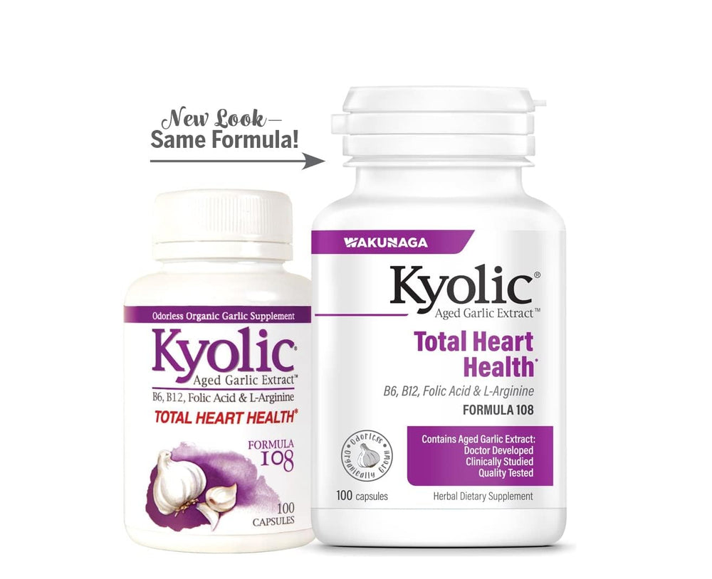 Envase Kyolic en cocina saludable sugiriendo apoyo al bienestar cardiovascular