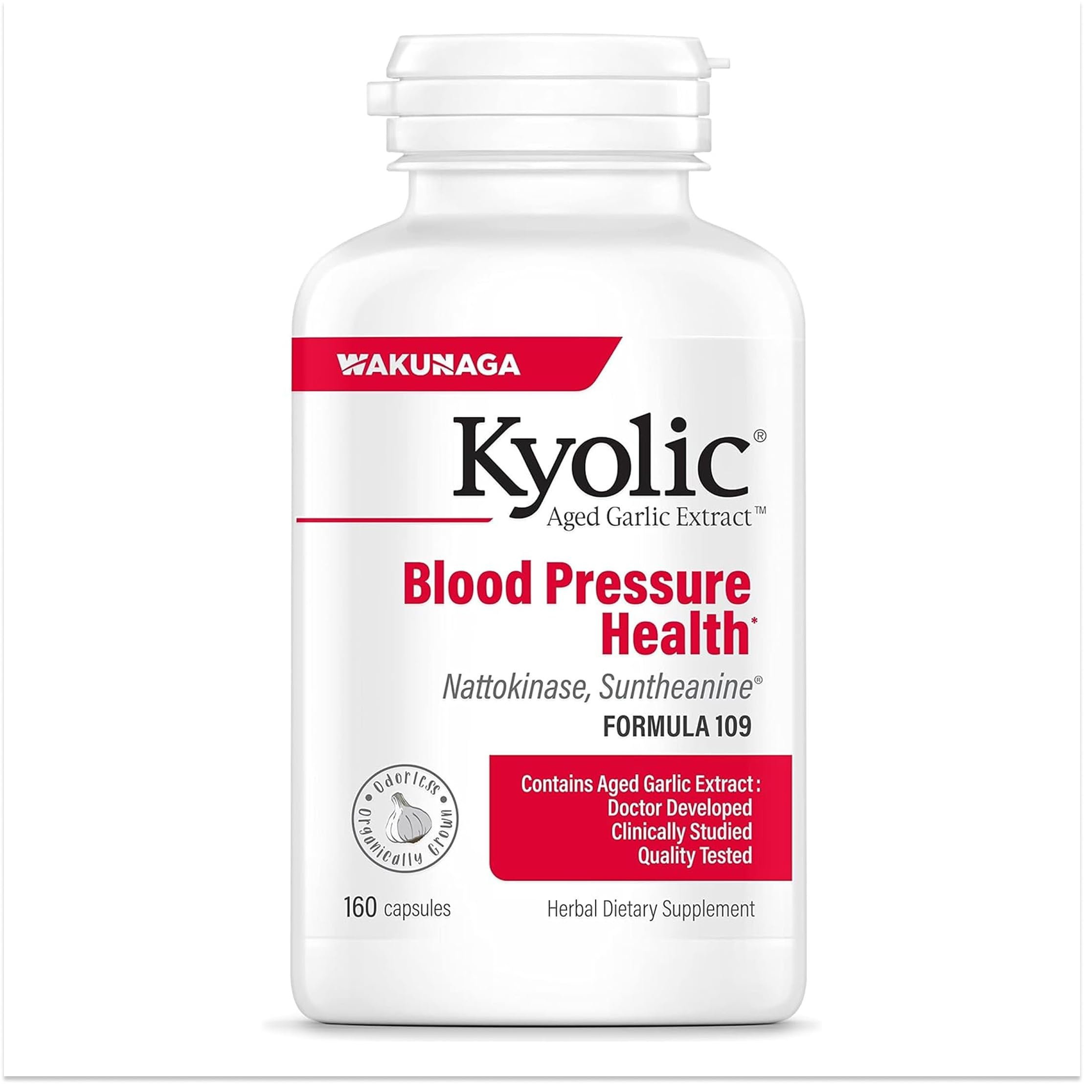 Kyolic envase frontal de Fórmula 109 mostrando 160 cápsulas y beneficio cardiovascular