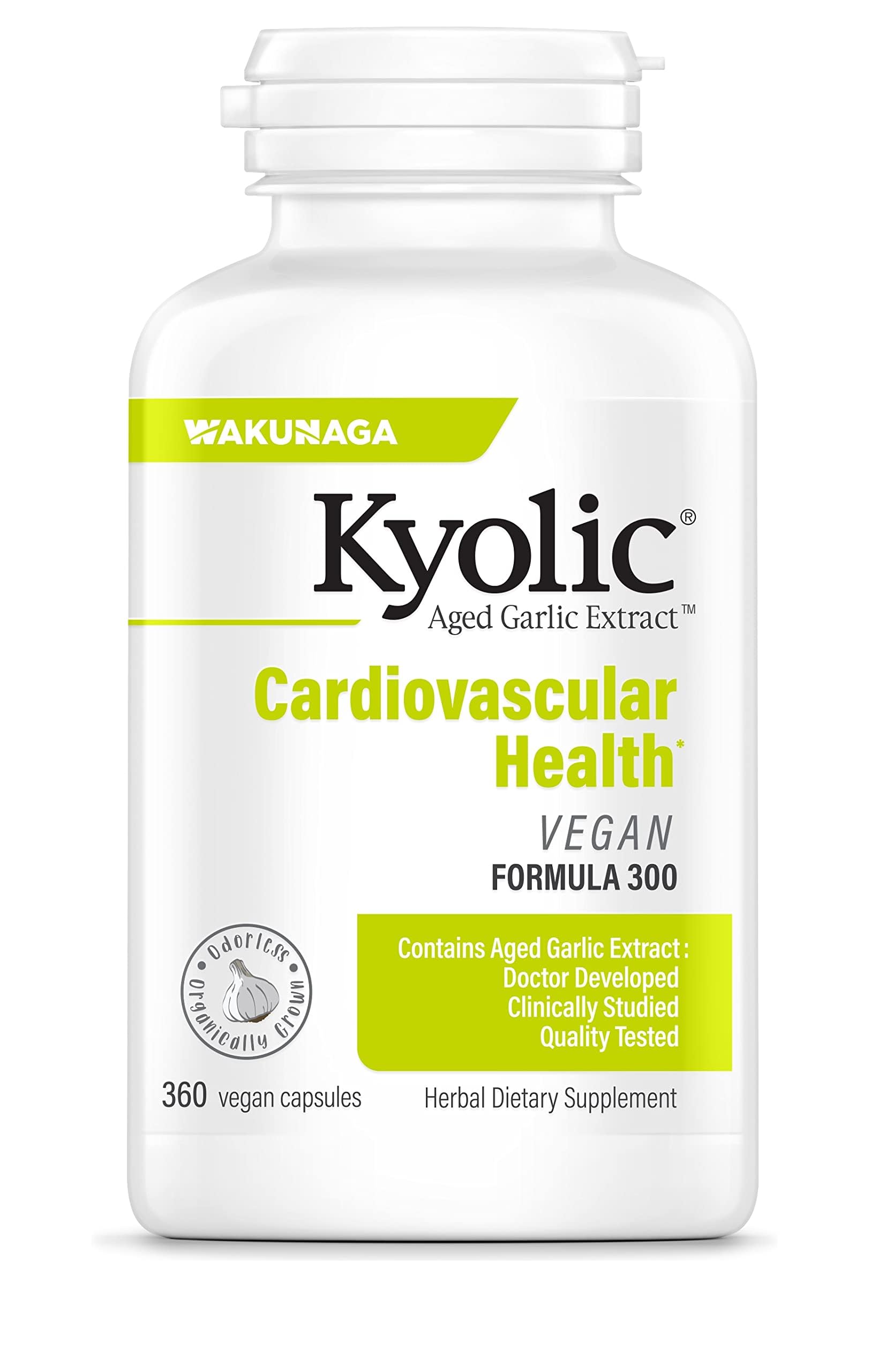 Kyolic frasco delante mostrando envase y cantidad 360 cápsulas, confianza
