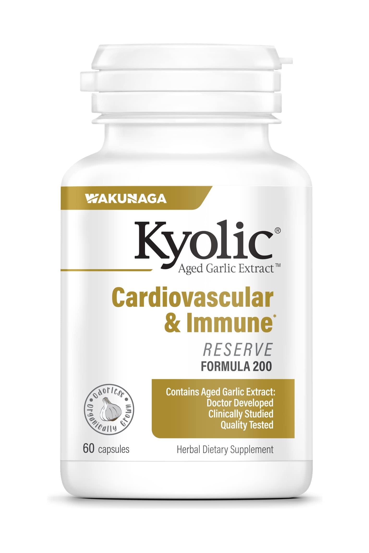 Kyolic frasco frontal mostrando etiqueta y beneficios claros