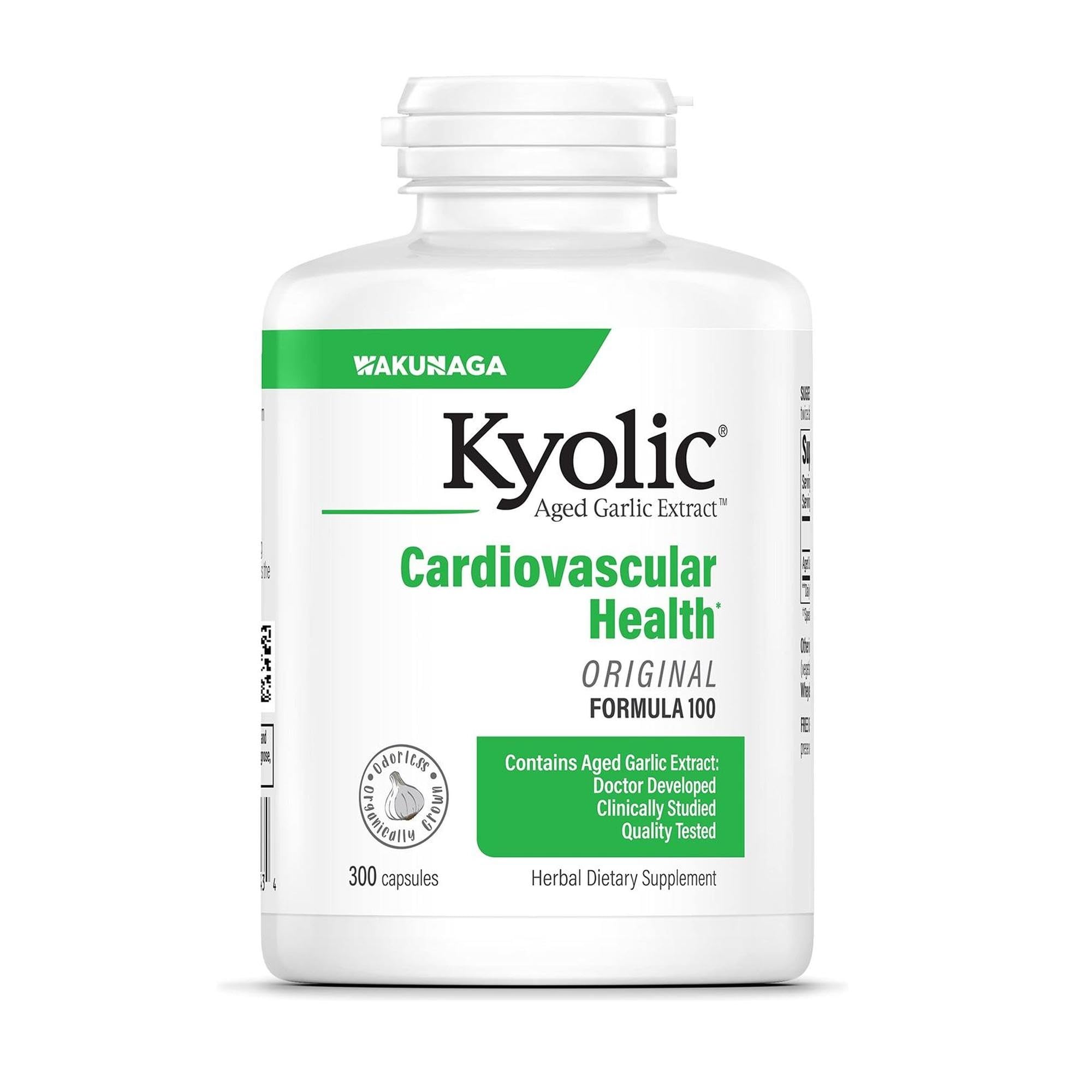Kyolic frasco frontal mostrando etiqueta y beneficio cardiovascular