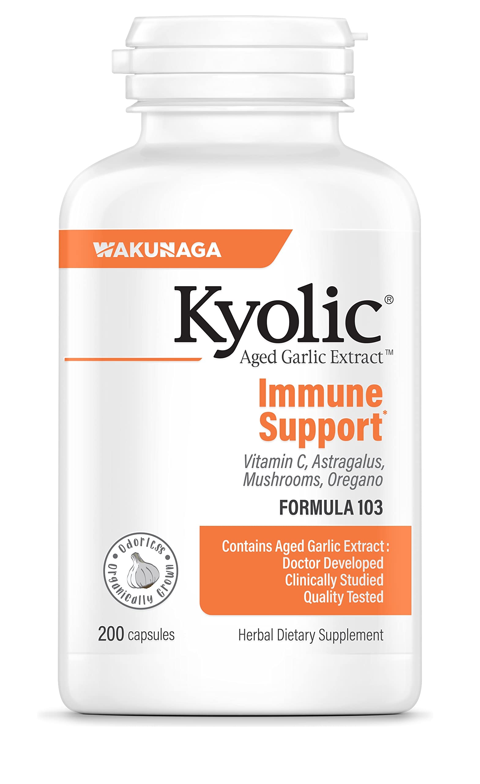 Kyolic frente del producto mostrando la botella y beneficio inmunológico