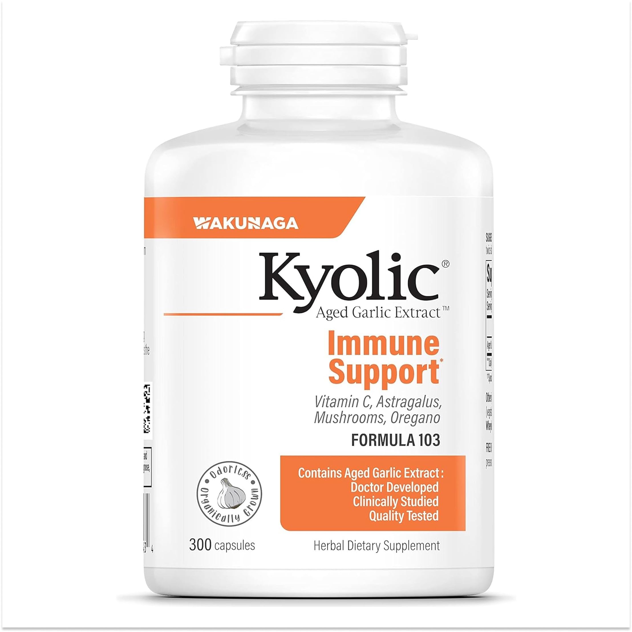 Kyolic envase frontal Formula 103 mostrando presentación y tamaño, confianza de marca