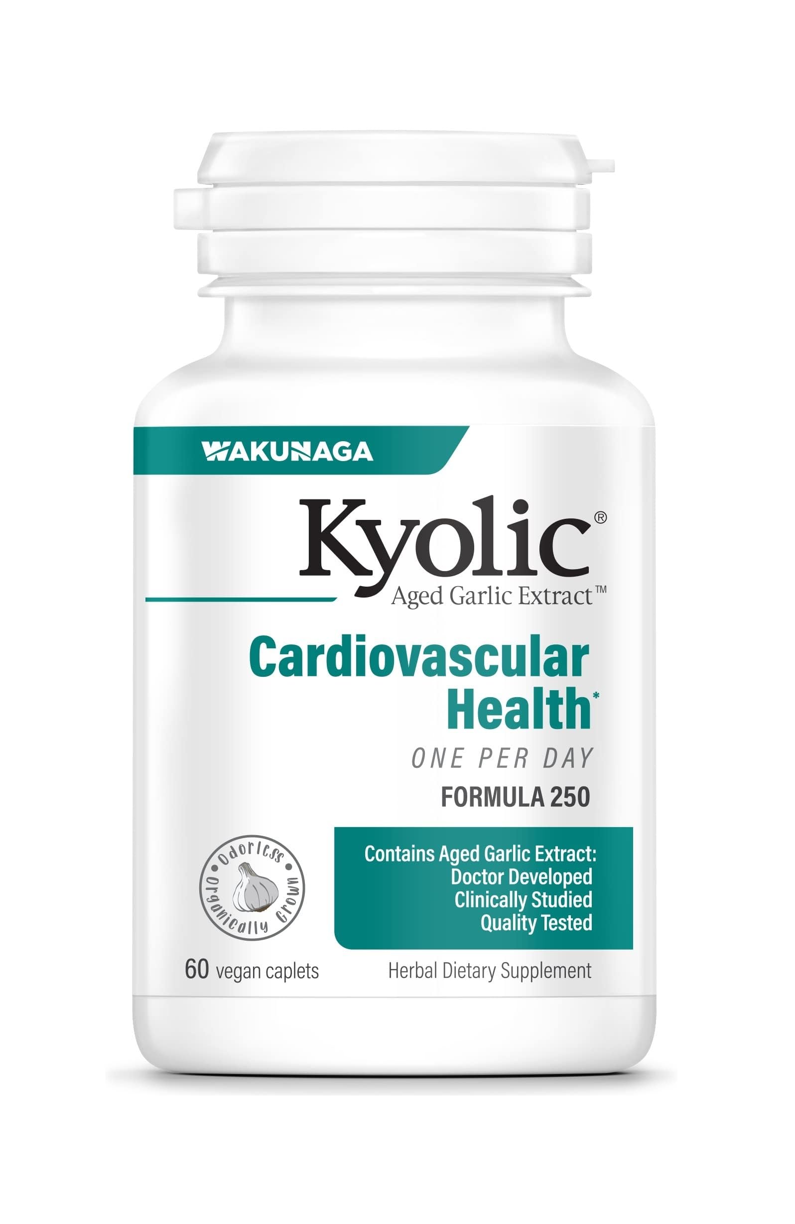 Kyolic envase frontal mostrando 60 caplets y conveniencia diaria