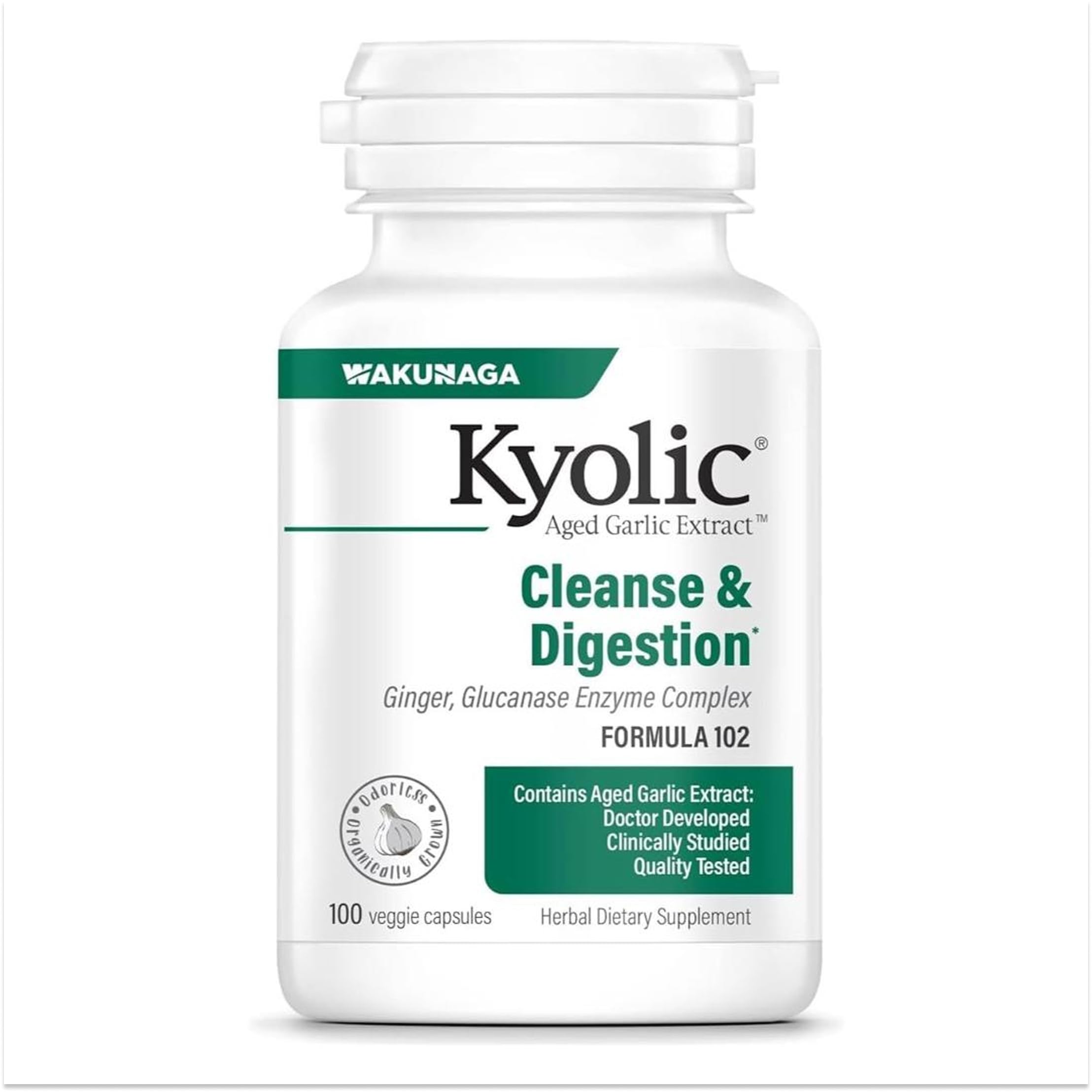 Kyolic envase frontal mostrando la marca y beneficio digestivo