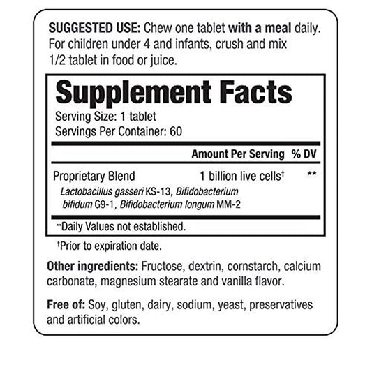 Envase de Kyolic Kyo-Dophilus Kids Probiotic sin refrigeración facilita uso diario.