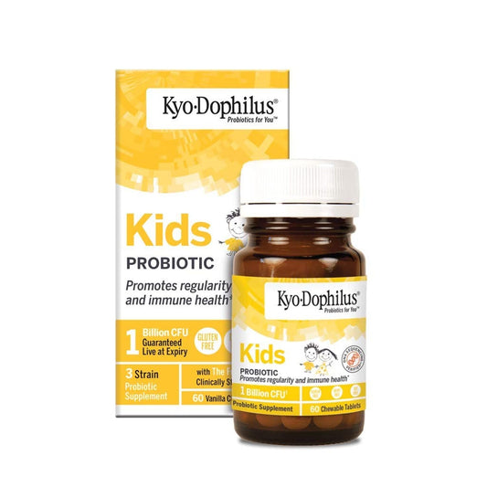 Kyolic Kyo-Dophilus Kids Probiotic tableta sabor vainilla para apoyo intestinal en niños.