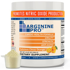 L-ARGININE PRO frente del envase mostrando la marca y el sabor naranja, ideal para elegir fácilmente
