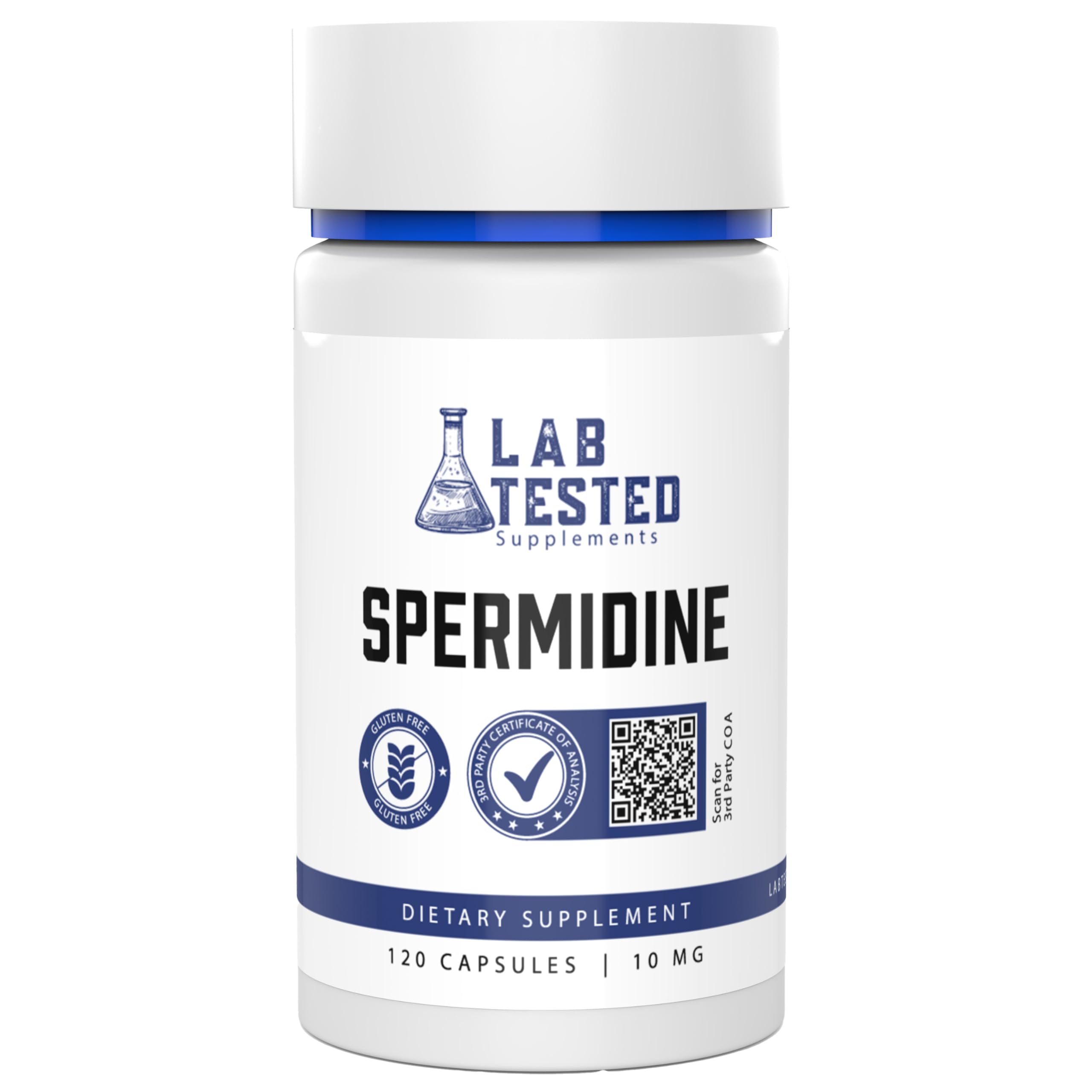 Lab Tested Supplements frasco frontal con etiqueta clara y beneficios de transparencia