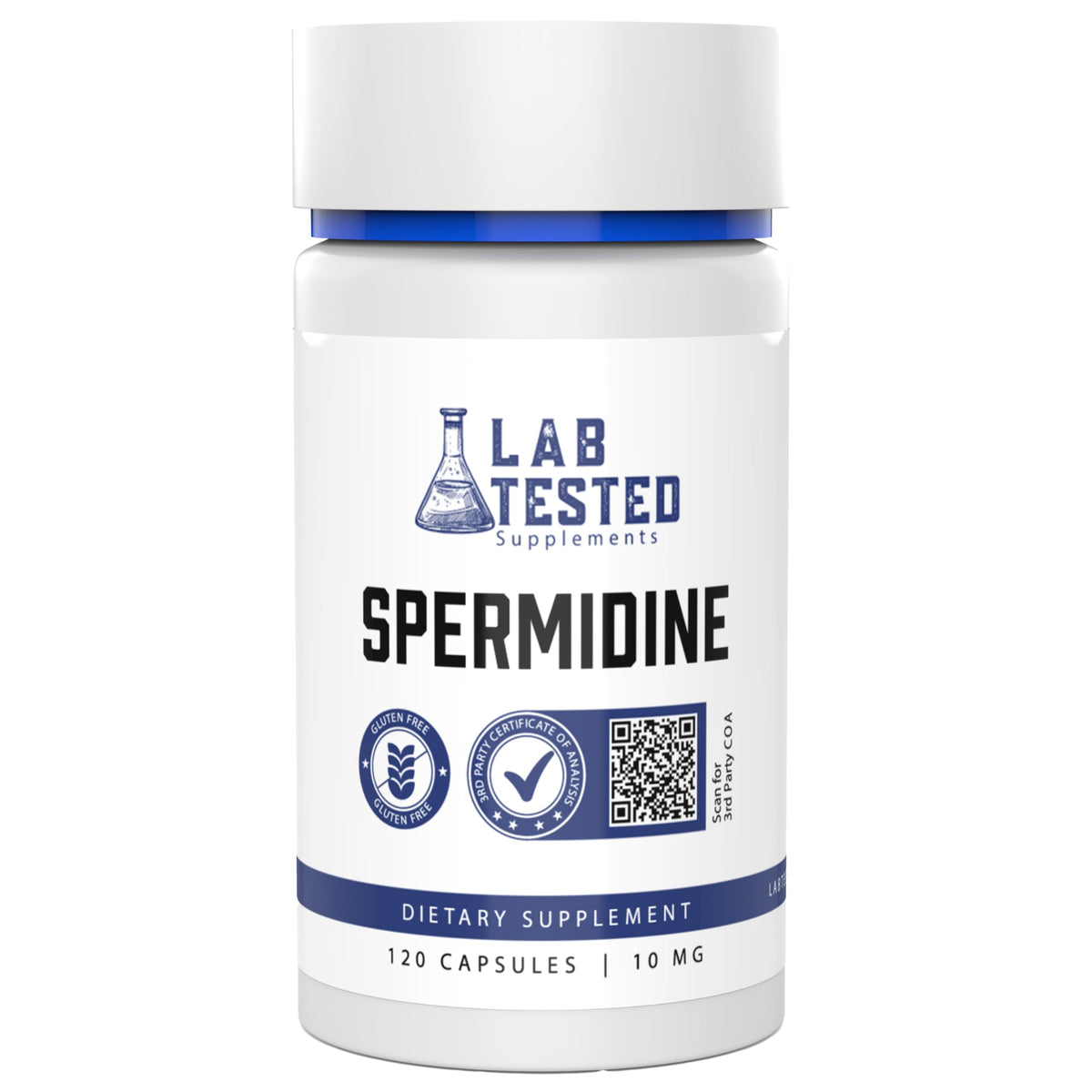 Lab Tested Supplements frasco frontal con etiqueta clara y beneficios de transparencia
